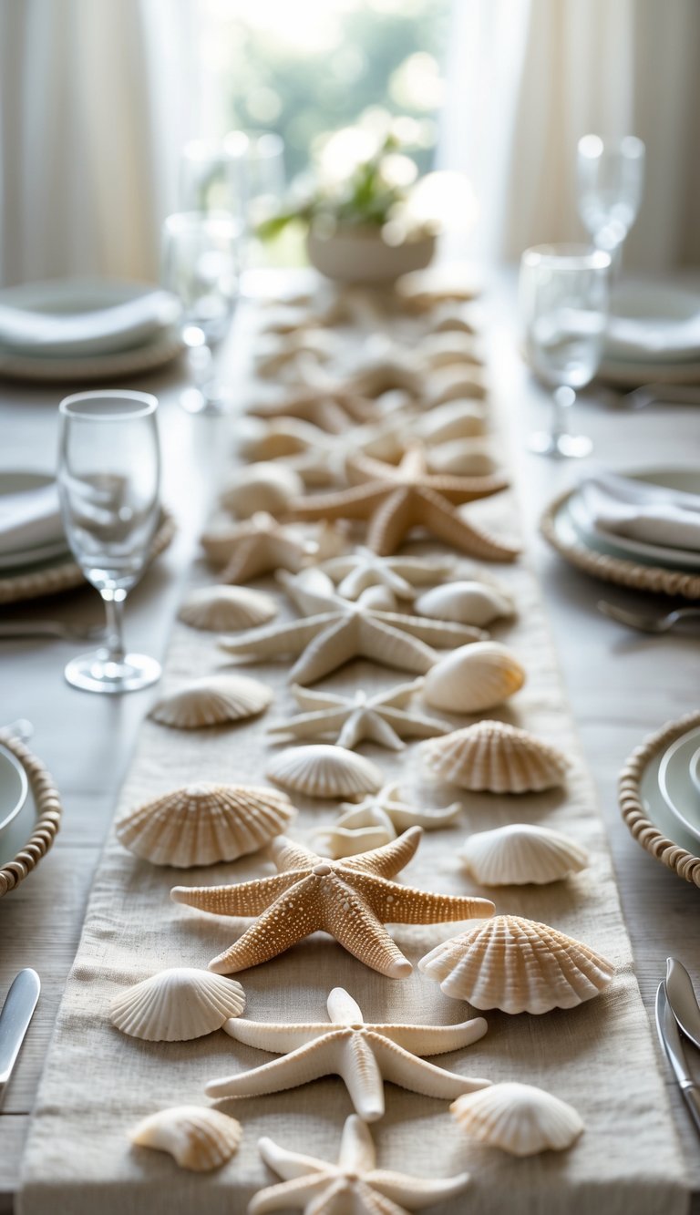 A summer table decorated with starfish and small sand dollars arranged along the centerpiece.
