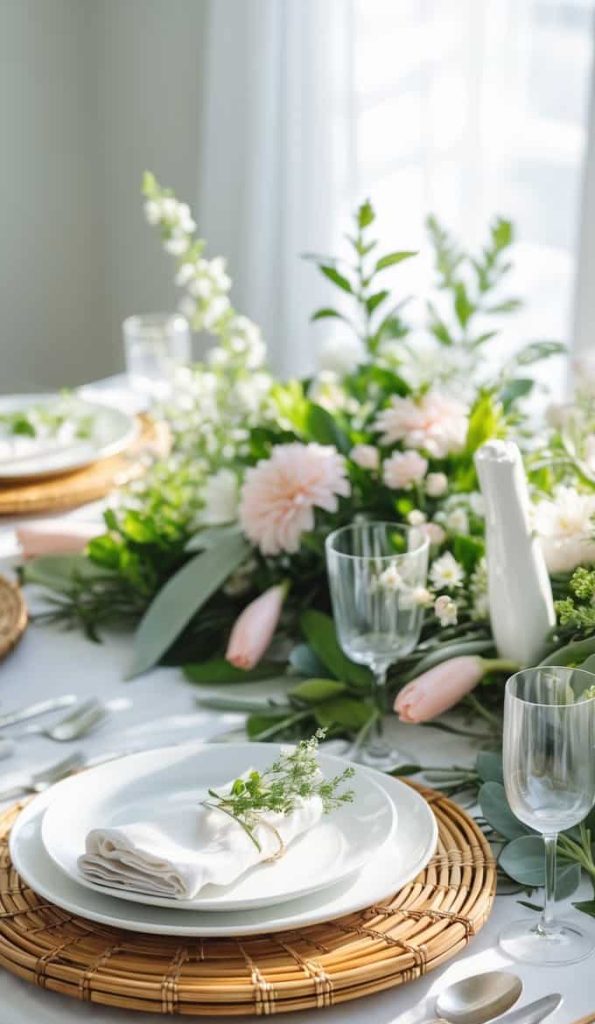 A neatly set dining table with white plates, napkins, glassware, silver cutlery, and a floral centerpiece on a white tablecloth.