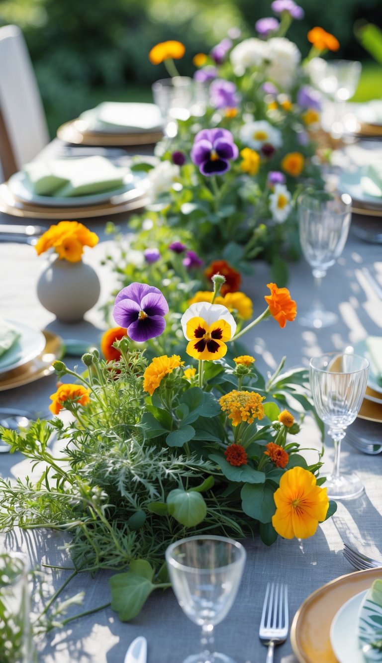 A summer dining table decorated with fresh edible flowers and tableware set outdoors.