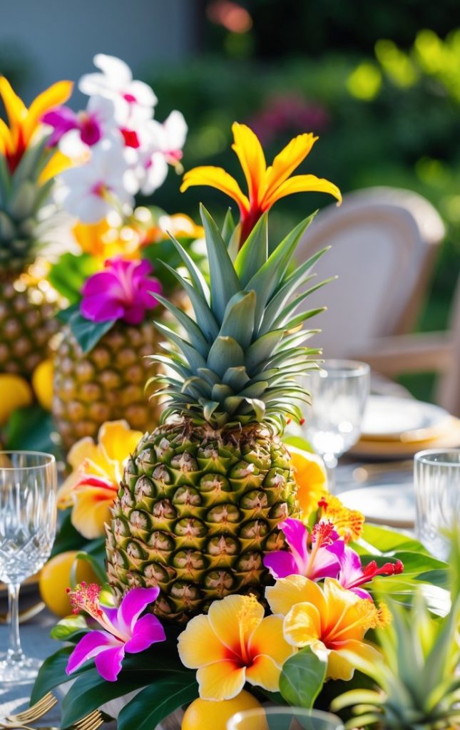 A table set with pineapples, tropical flowers, glassware, and plates, arranged outdoors for a festive or summer gathering.