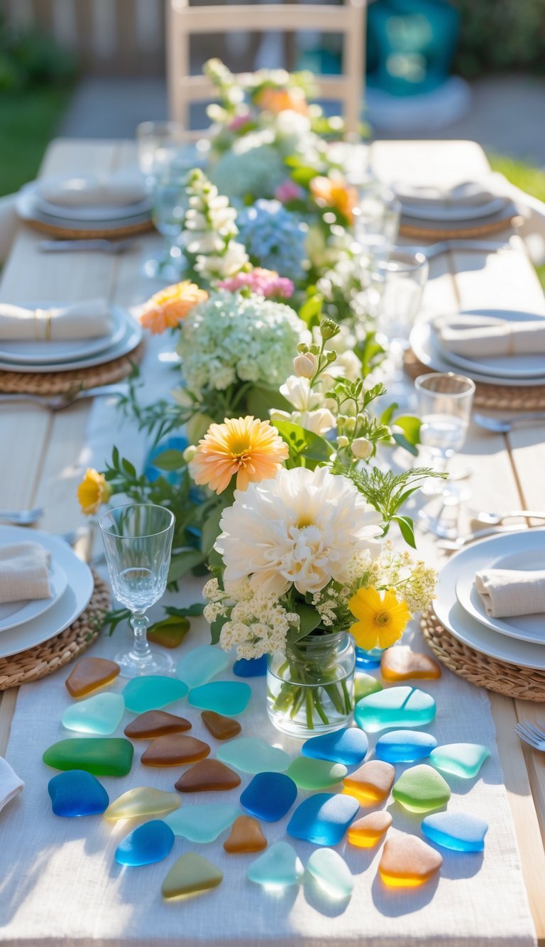 A summer table set outdoors with a floral centerpiece surrounded by scattered colorful sea glass and tableware.