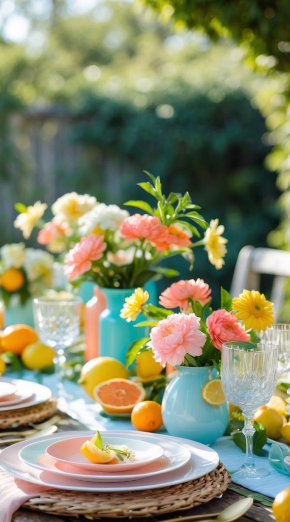 A table set outdoors with pastel plates, glassware, and gold cutlery, decorated with pink and yellow flowers and assorted citrus fruits.