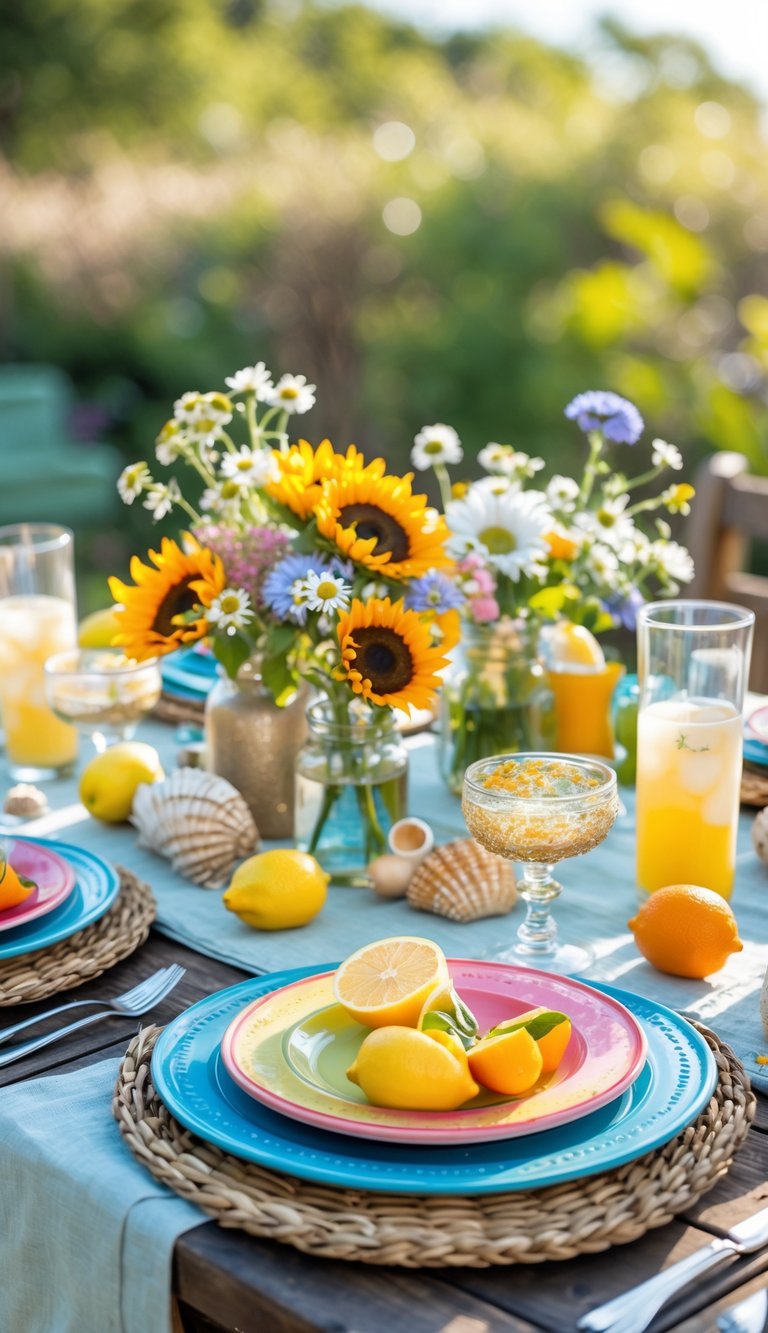 A summer outdoor table set with colorful plates, glassware, fresh flowers, candles, and citrus fruits in a garden setting.