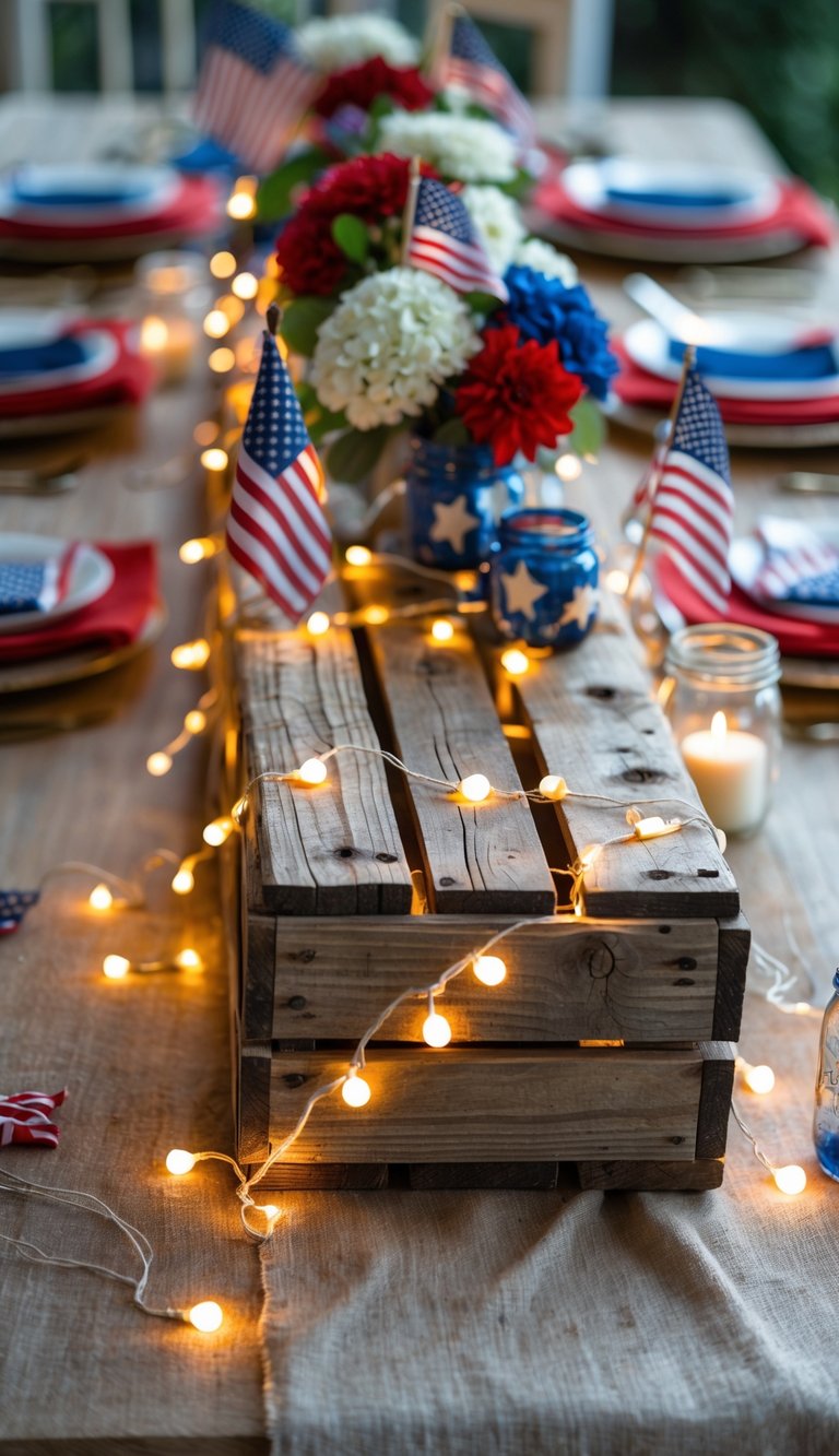 A rustic wooden crate decorated with fairy lights on a table set with patriotic Fourth of July decorations, including small American flags and floral arrangements.
