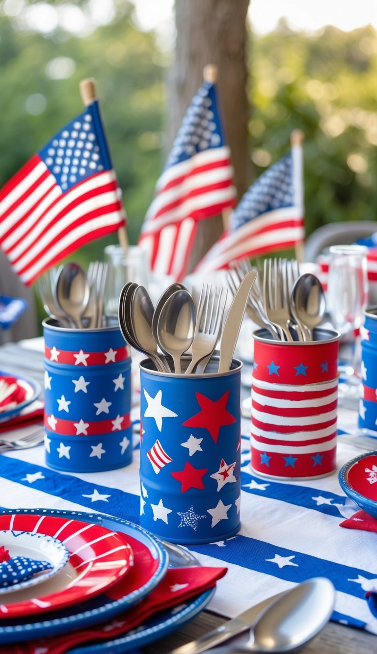 A table set outdoors with painted tin cans holding utensils, decorated for a Fourth of July celebration with red, white, and blue colors and small American flags.