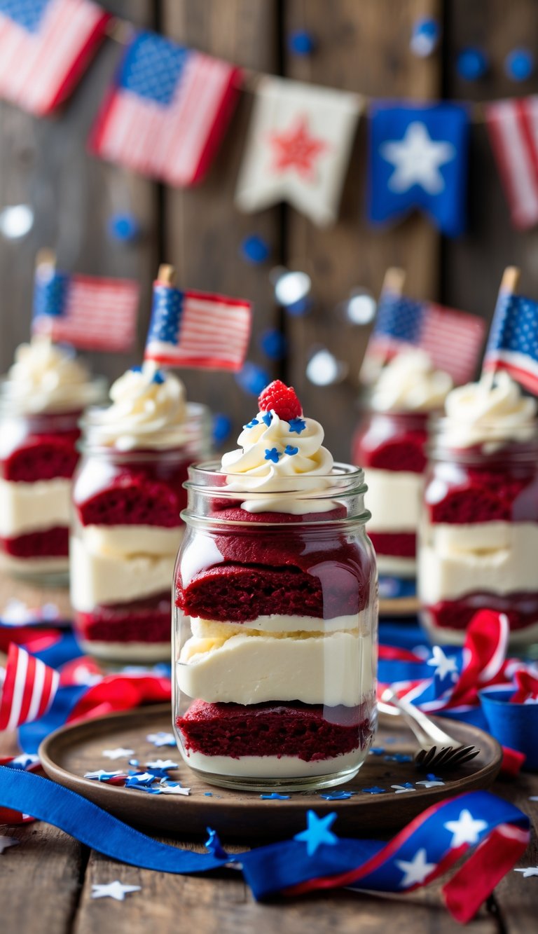 Mason jars filled with layered red velvet cake and cream cheese mousse arranged on a Fourth of July decorated table with patriotic accents.