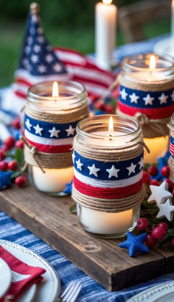 Mason jar candles wrapped in red, white, and blue ribbon with stars, displayed on a wooden tray with patriotic decorations and an American flag in the background.
