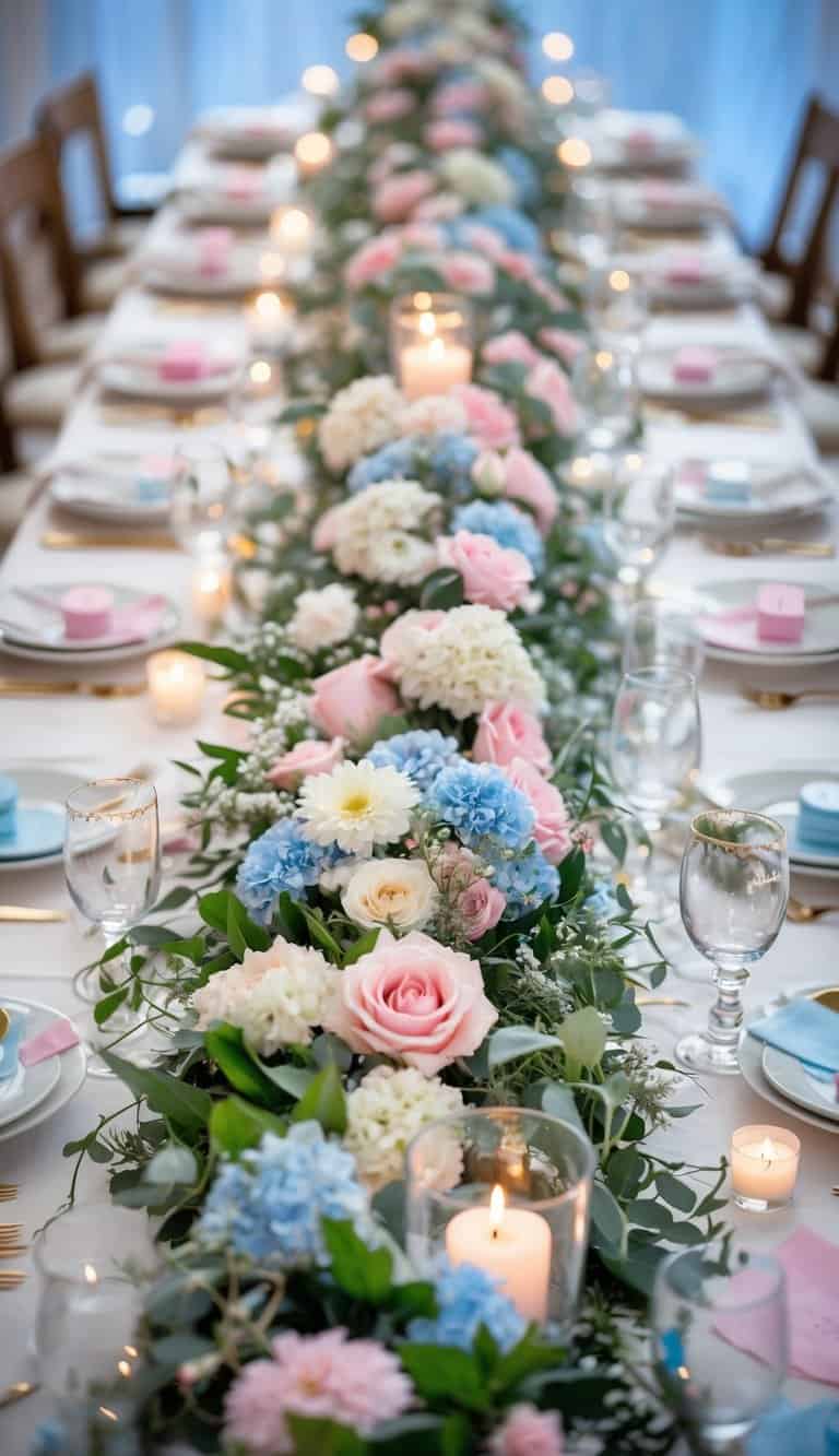 A table decorated for a gender reveal party with a floral garland centerpiece in pastel pink, blue, and white flowers surrounded by tableware and subtle decorations.
