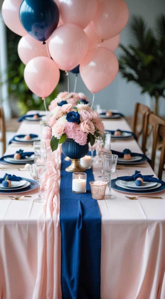 A table set for a formal event with pink tablecloth, navy blue runner, pink and blue flower centerpiece, glassware, plates, and pink balloons overhead.