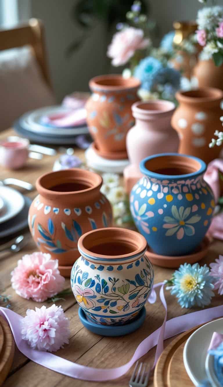 A table decorated with hand-painted terracotta pots and pastel-colored decorations for a gender reveal celebration.