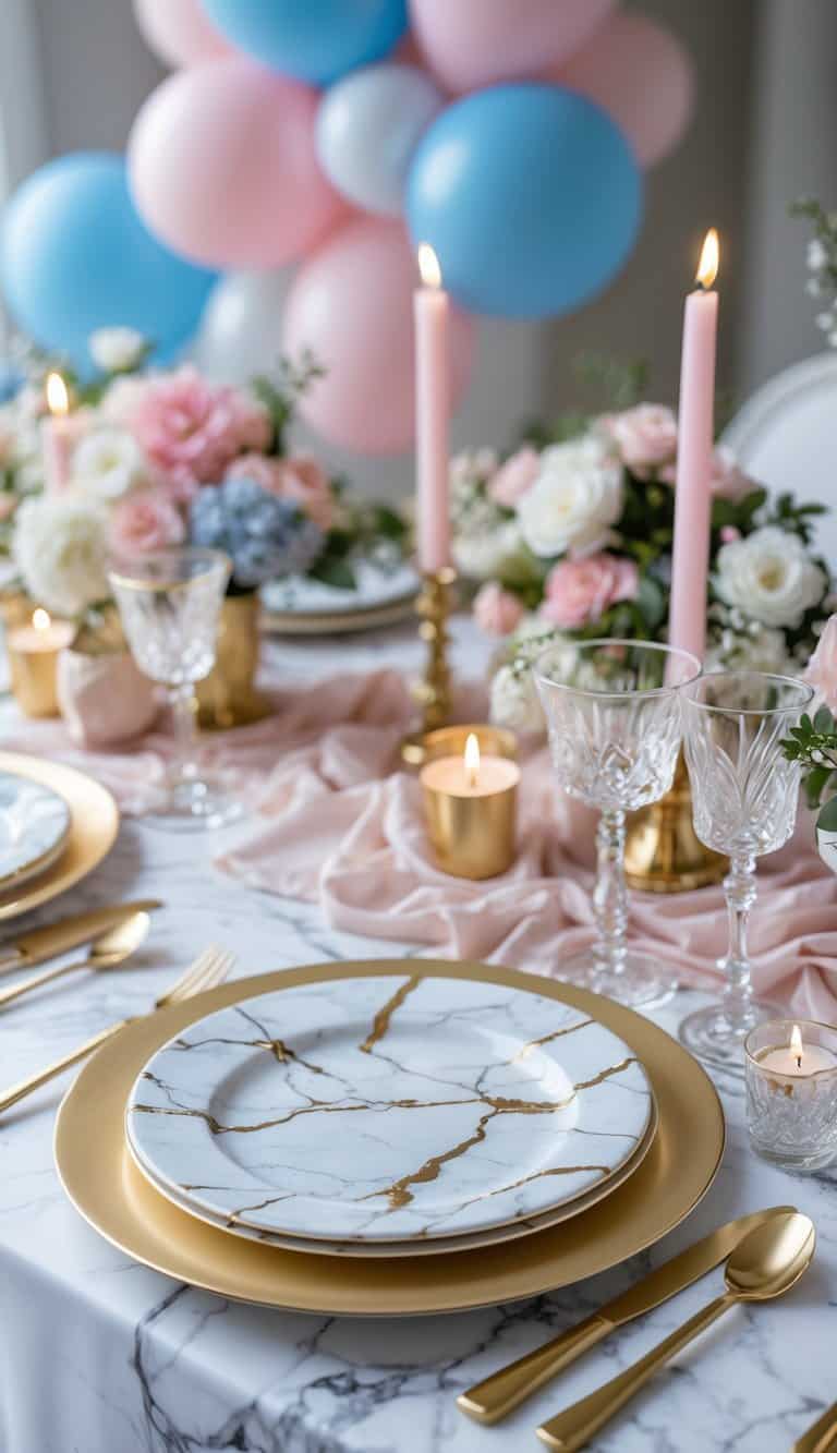 A beautifully set table with gold and white marble plates, pastel decorations, and elegant tableware arranged for a gender reveal celebration.