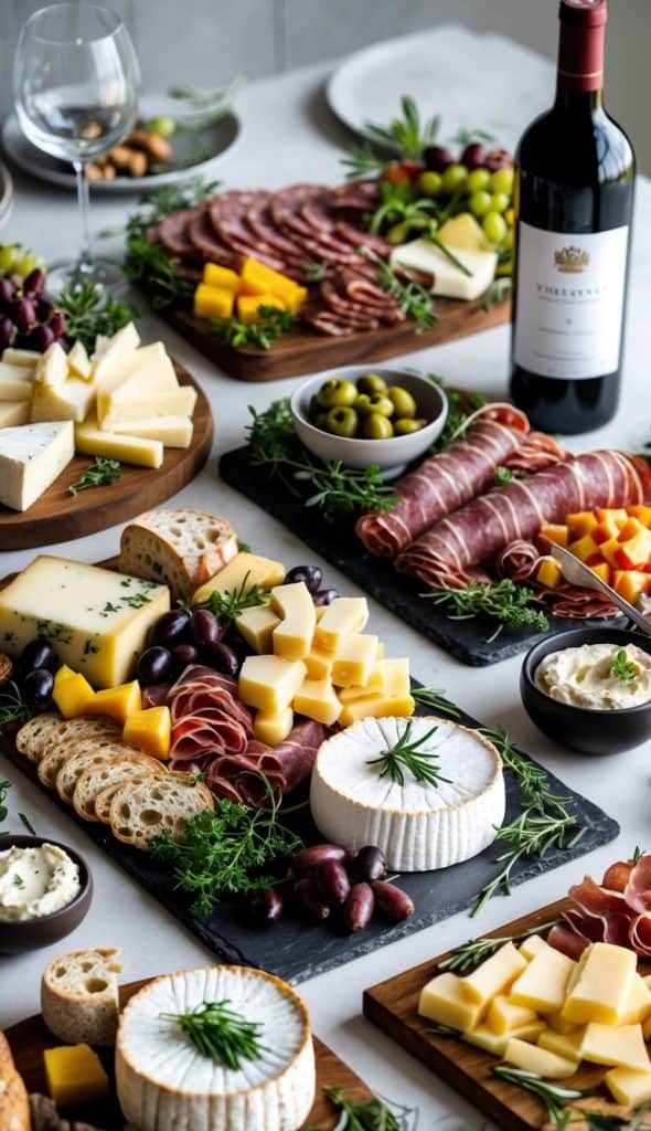 A table set with assorted cheeses, cured meats, bread, olives, dips, and a bottle of red wine, arranged on wooden and slate boards for a gathering.