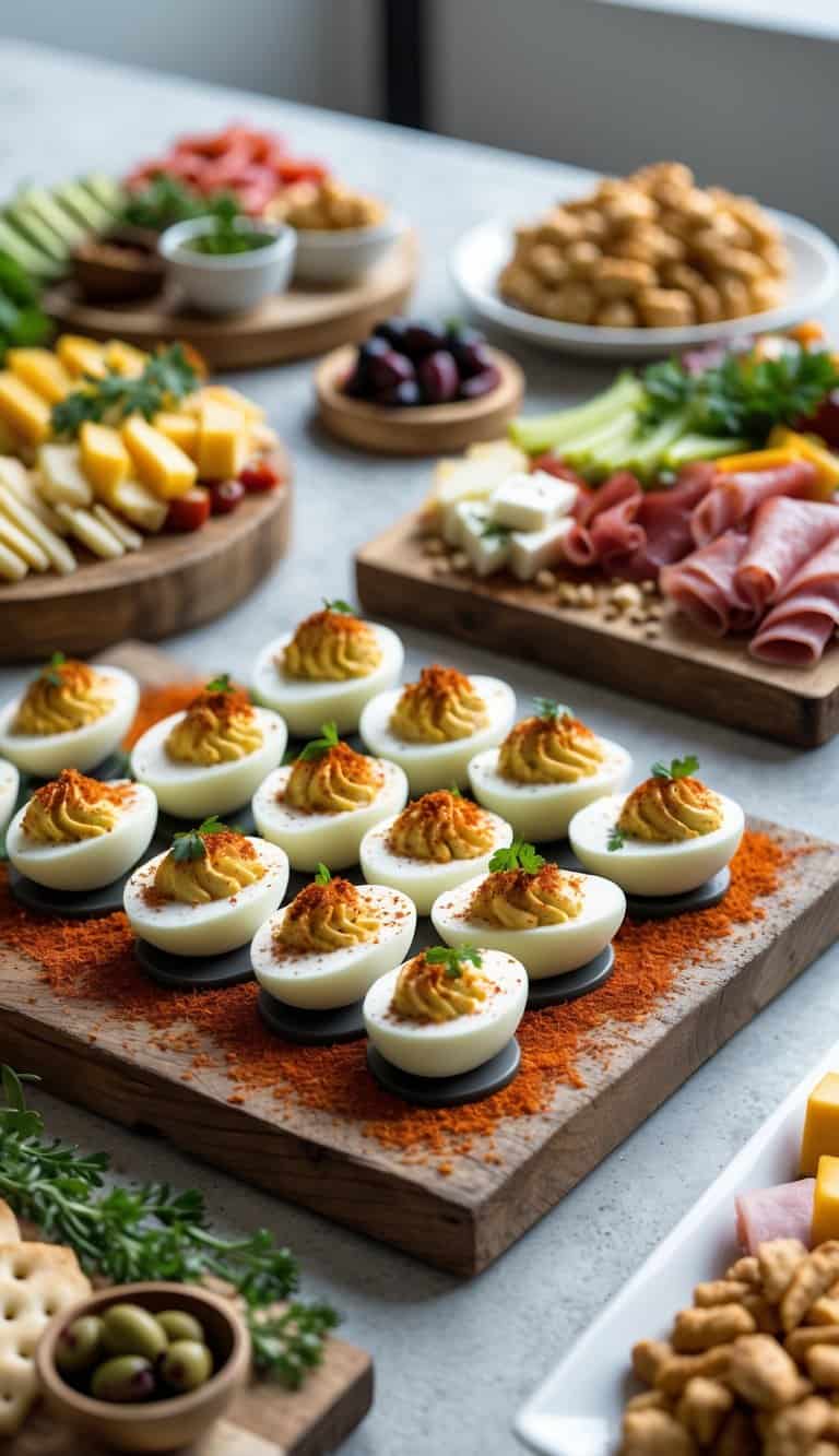 A grazing table with deviled eggs topped with smoked paprika surrounded by various appetizers like vegetables, cheeses, and meats.