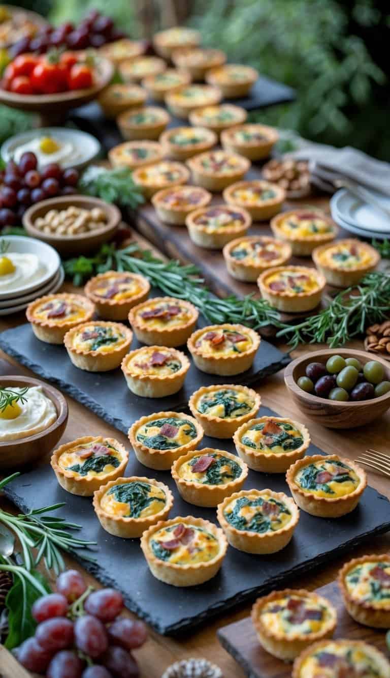 A grazing table with mini quiche bites arranged on wooden platters surrounded by fresh fruits, nuts, and dips.