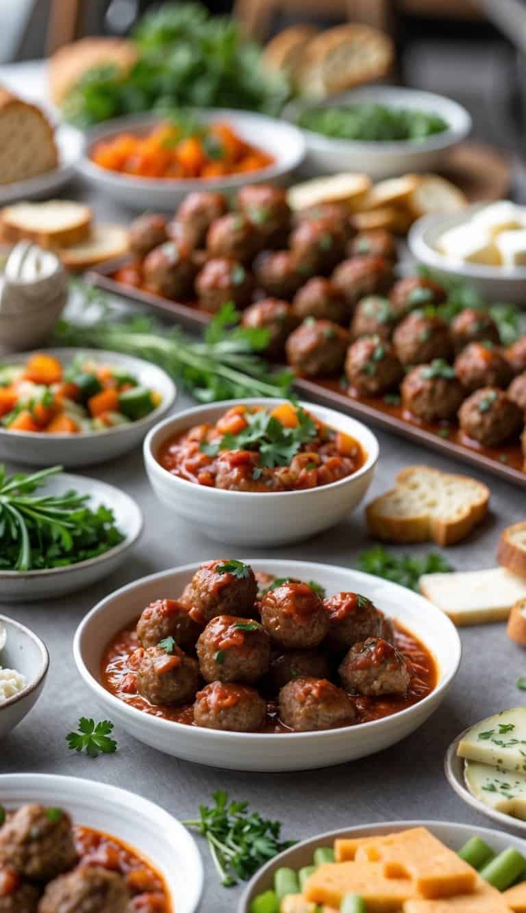 A grazing table with bowls of mini meatballs in marinara sauce surrounded by breads, cheeses, and vegetables.