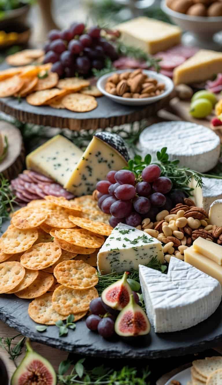 A grazing table with Parmesan crisps, cheeses, fruits, nuts, and charcuterie arranged on wooden and slate platters.