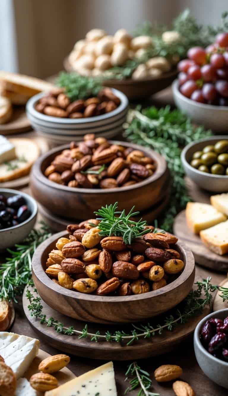 A grazing table with bowls of garlic roasted nuts surrounded by grapes, cheese, bread, olives, and fresh herbs.