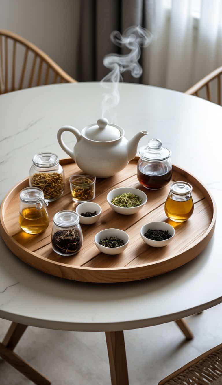 Round wooden tray on a round dining table holding assorted teas and a teapot.