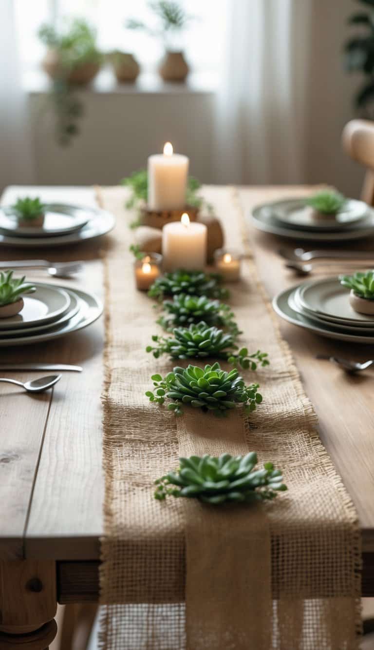 A dining table with a burlap ribbon table runner, decorated with plants, candles, and white plates.
