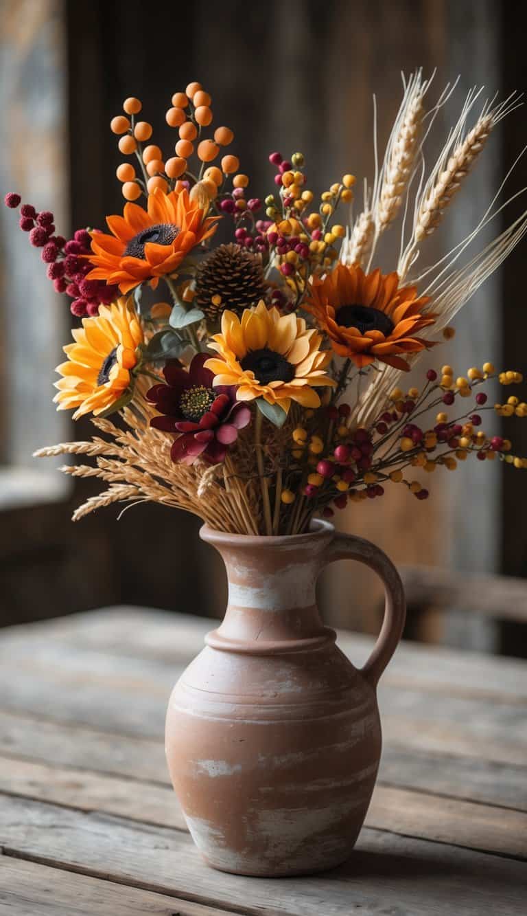 A rustic wooden table with a ceramic vase holding autumn-colored faux flowers and fall-themed stems.