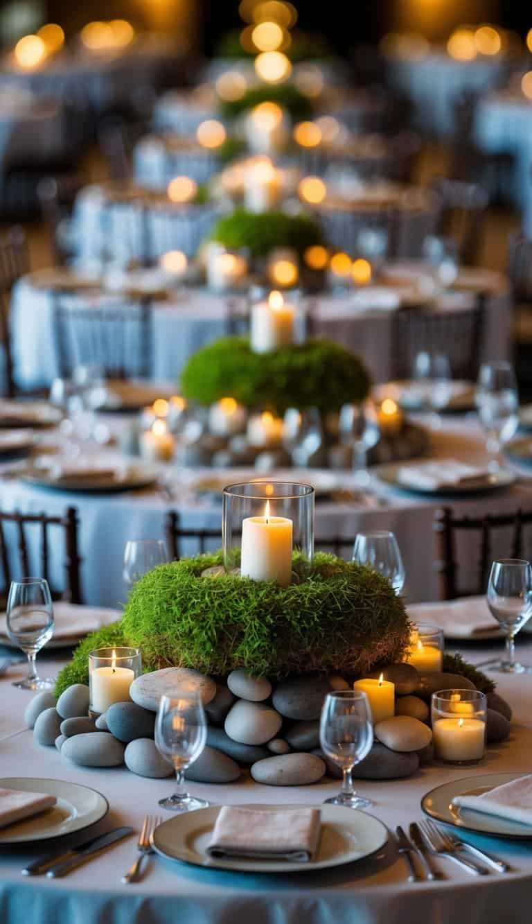 Fifty round dining tables with layered centerpieces made of moss, stones, and candles in an event setting.