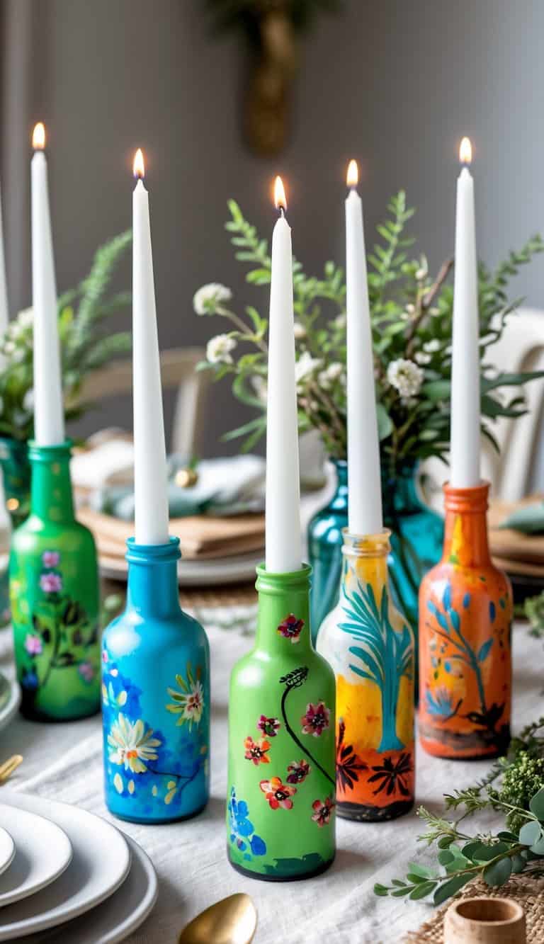 A table set with painted glass bottles holding white taper candles, surrounded by greenery and small floral decorations.