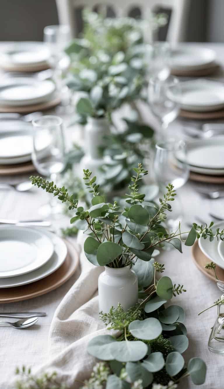 A dining table set with white plates, silverware, clear glasses, and eucalyptus sprigs arranged as greenery along the table.