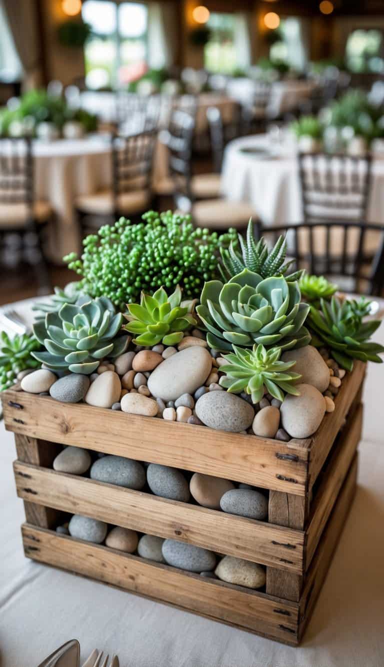 Rustic wooden crate filled with assorted succulents and stones placed on a round dining table as a centerpiece.
