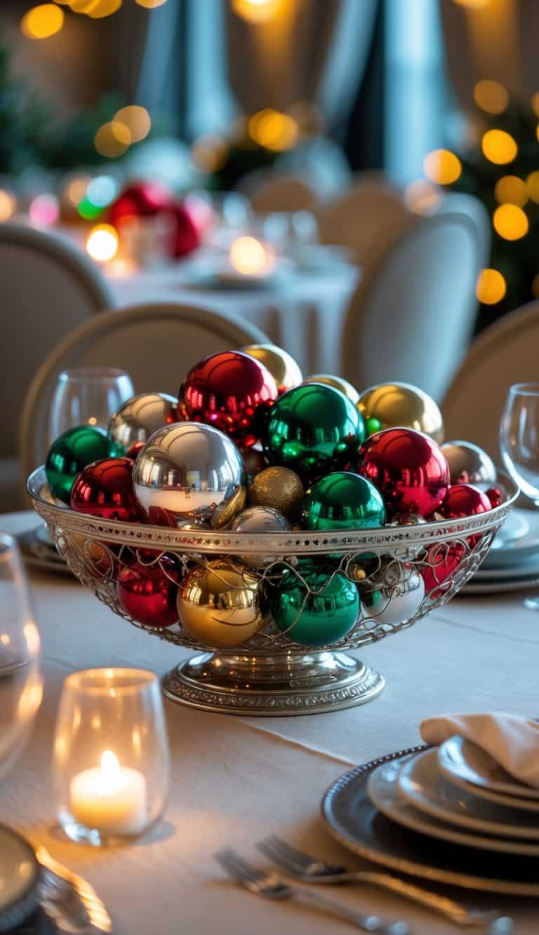A decorative bowl filled with colorful baubles placed in the center of a round dining table set for a festive occasion.