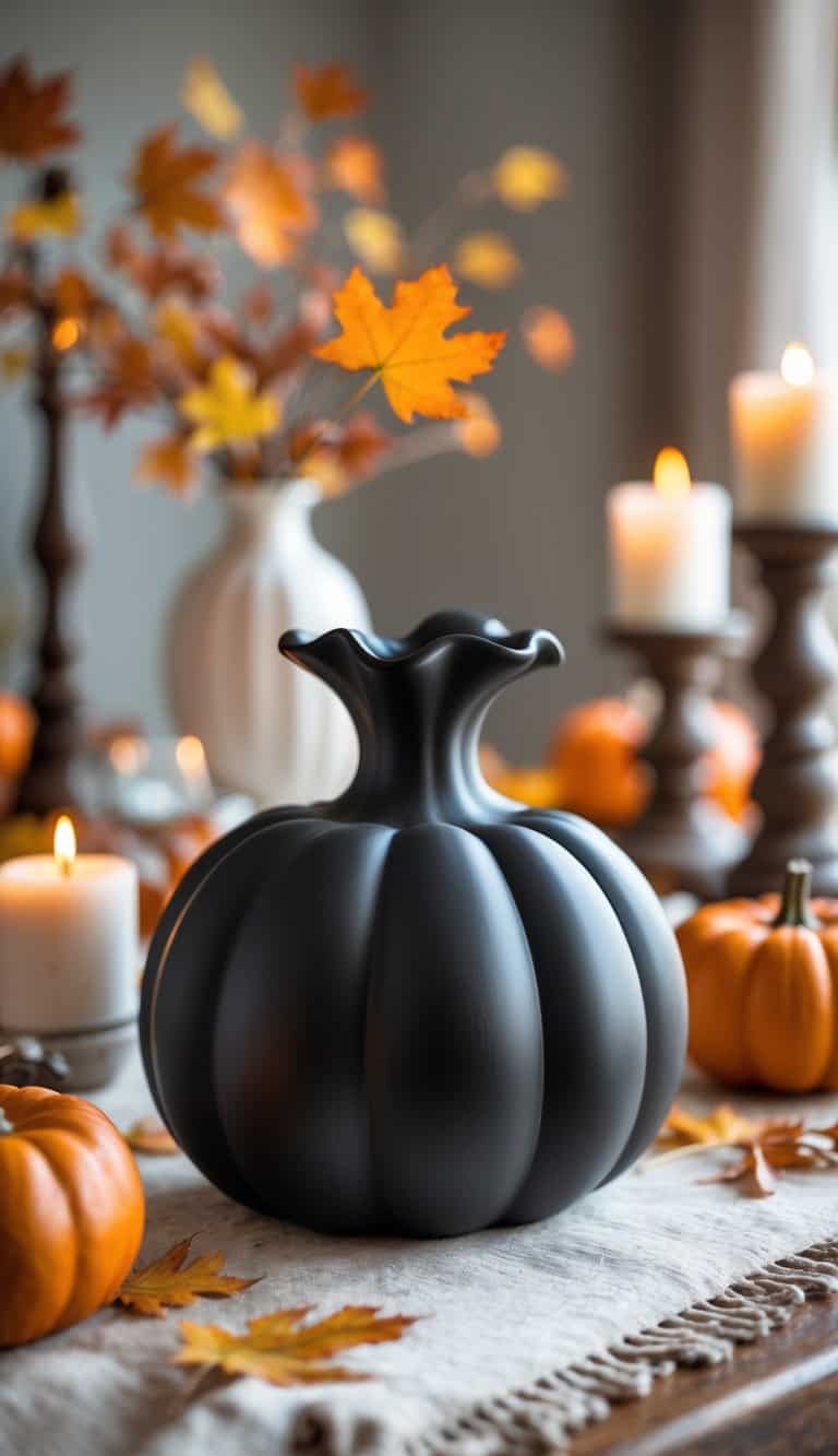 A matte black pumpkin-shaped vase on a fall-themed tabletop with small pumpkins, leaves, and candles.