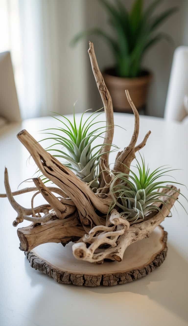 A round dining table with a natural driftwood centerpiece holding several green air plants.