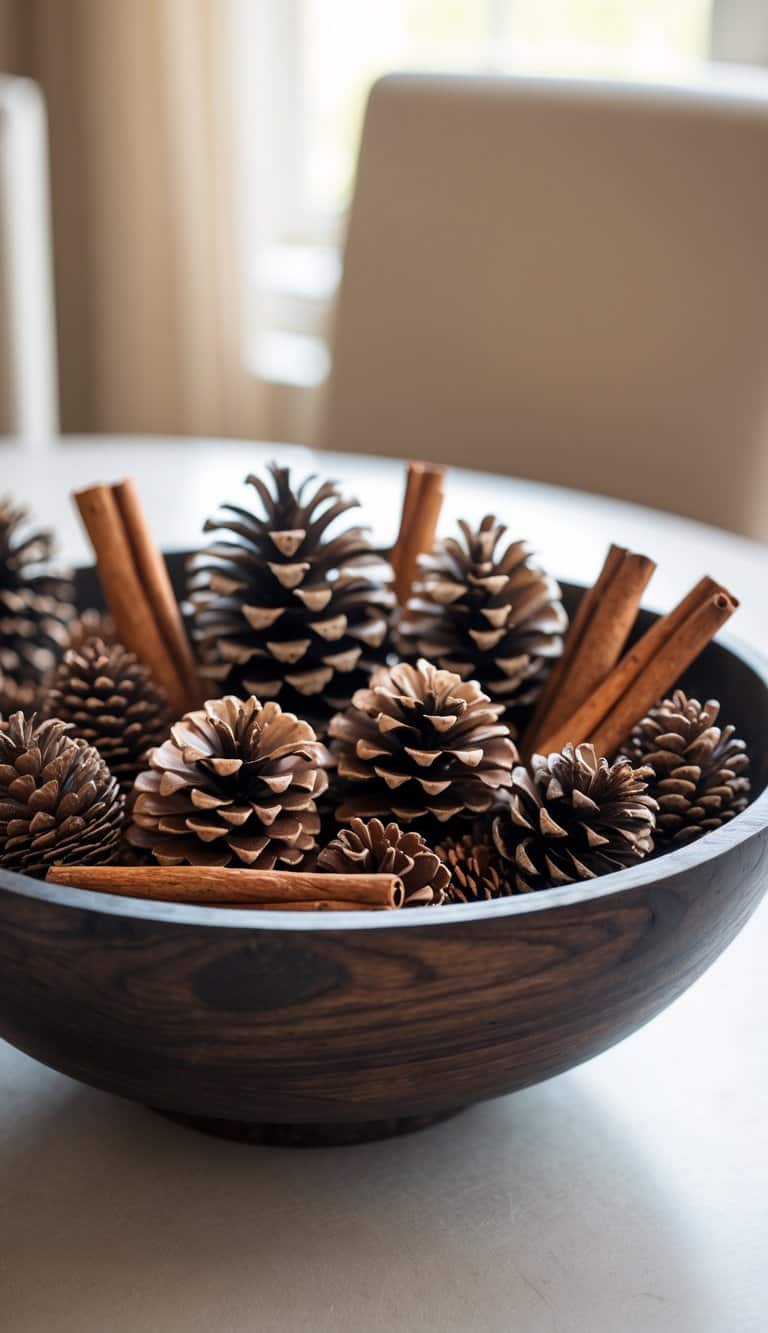 A dark wood bowl filled with pinecones and cinnamon sticks on a round dining table.