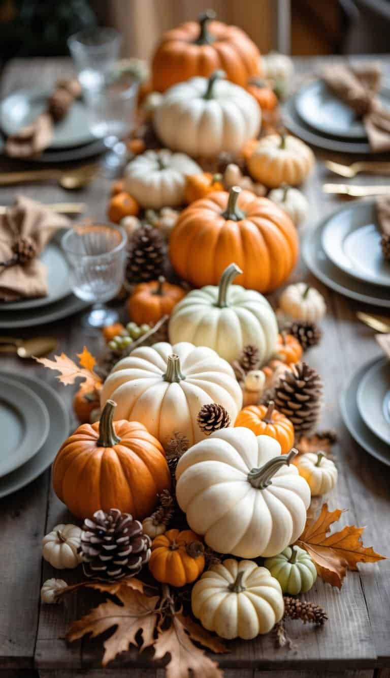 A fall table decorated with mini pumpkins, dried leaves, pinecones, and natural elements arranged on a wooden table.