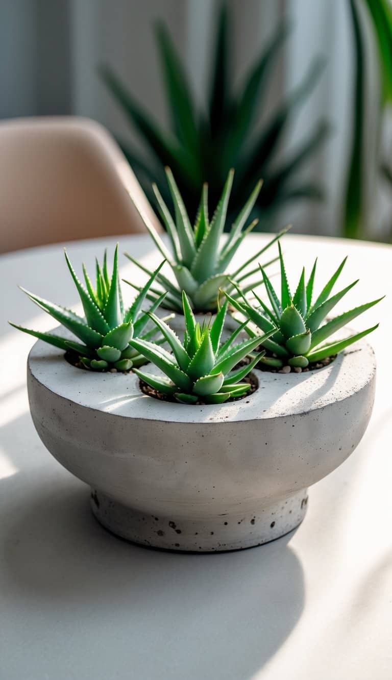 Round dining table with a concrete planter holding small aloe vera plants as the centerpiece.
