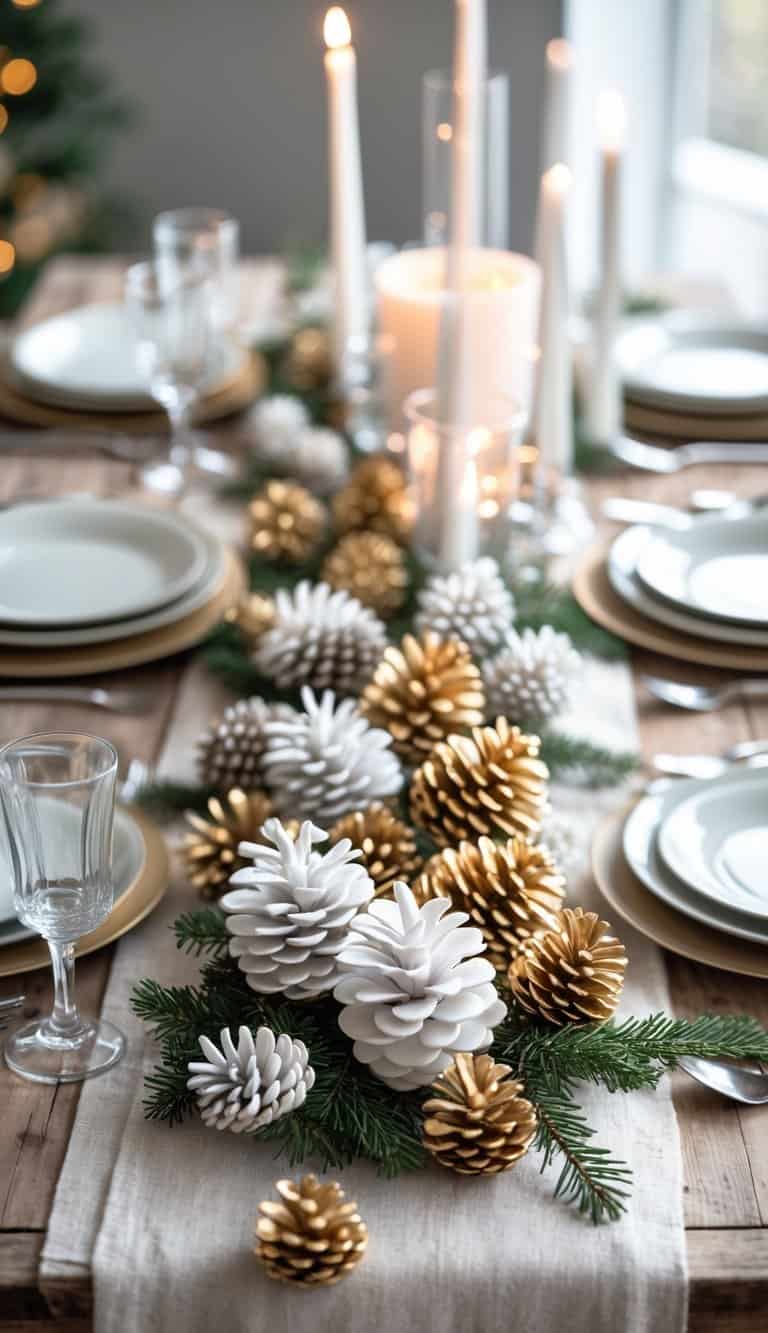A wooden table set with plates, glasses, silverware, and painted pinecones as decorations arranged with greenery and candles.