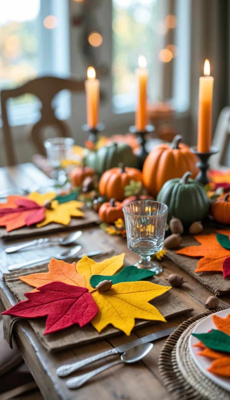 A fall-themed table setting with colorful felt leaves placemats, small pumpkins, acorns, and candles on a rustic wooden table.