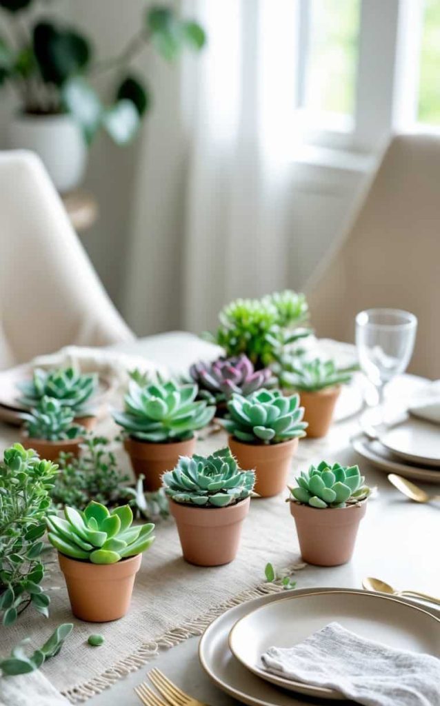 A dining table set with plates and cutlery is decorated with small potted succulents and greenery in natural light.