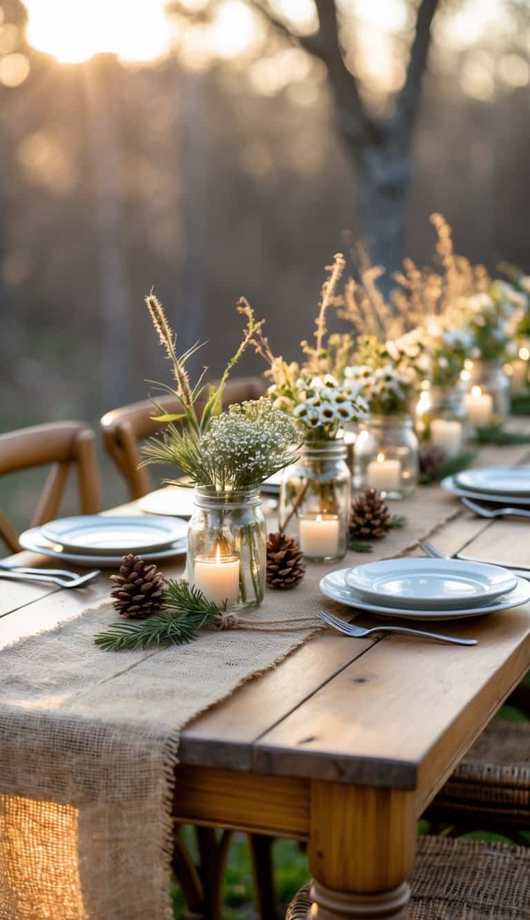 A dining table set with burlap runners, mason jars with flowers, candles, and neatly arranged plates and cutlery.