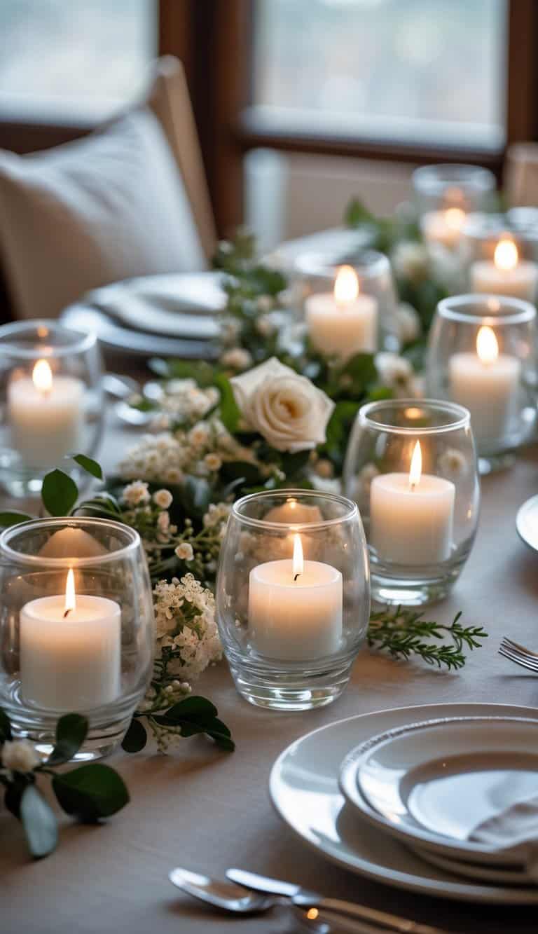 A dining table set with clear glass votive candles, white plates, silver cutlery, and small floral arrangements creating a warm and inviting atmosphere.