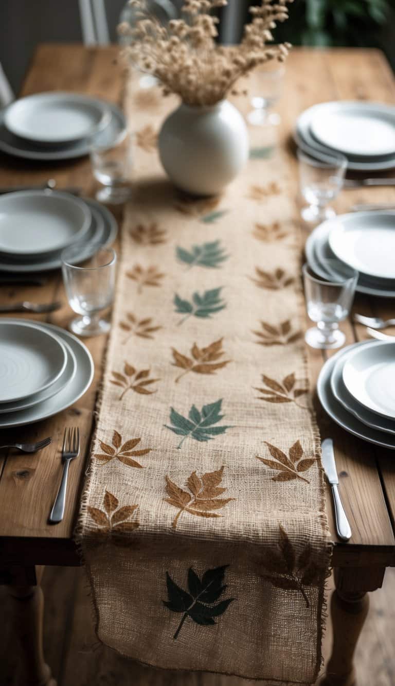 A wooden dining table with a burlap table runner decorated with leaf patterns, set with plates, glasses, and silverware.