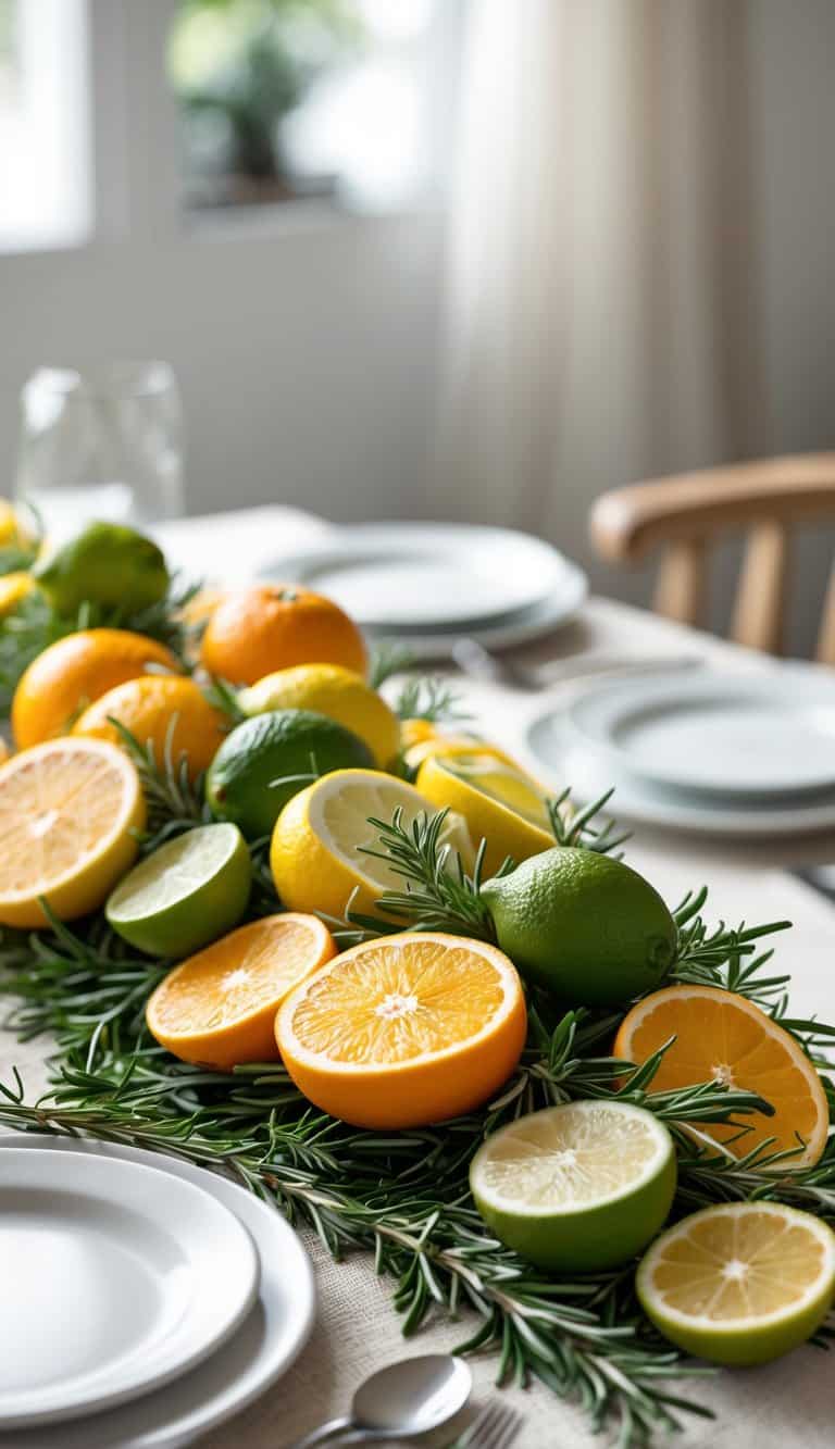 A centerpiece made of citrus slices and rosemary on a neatly set table.