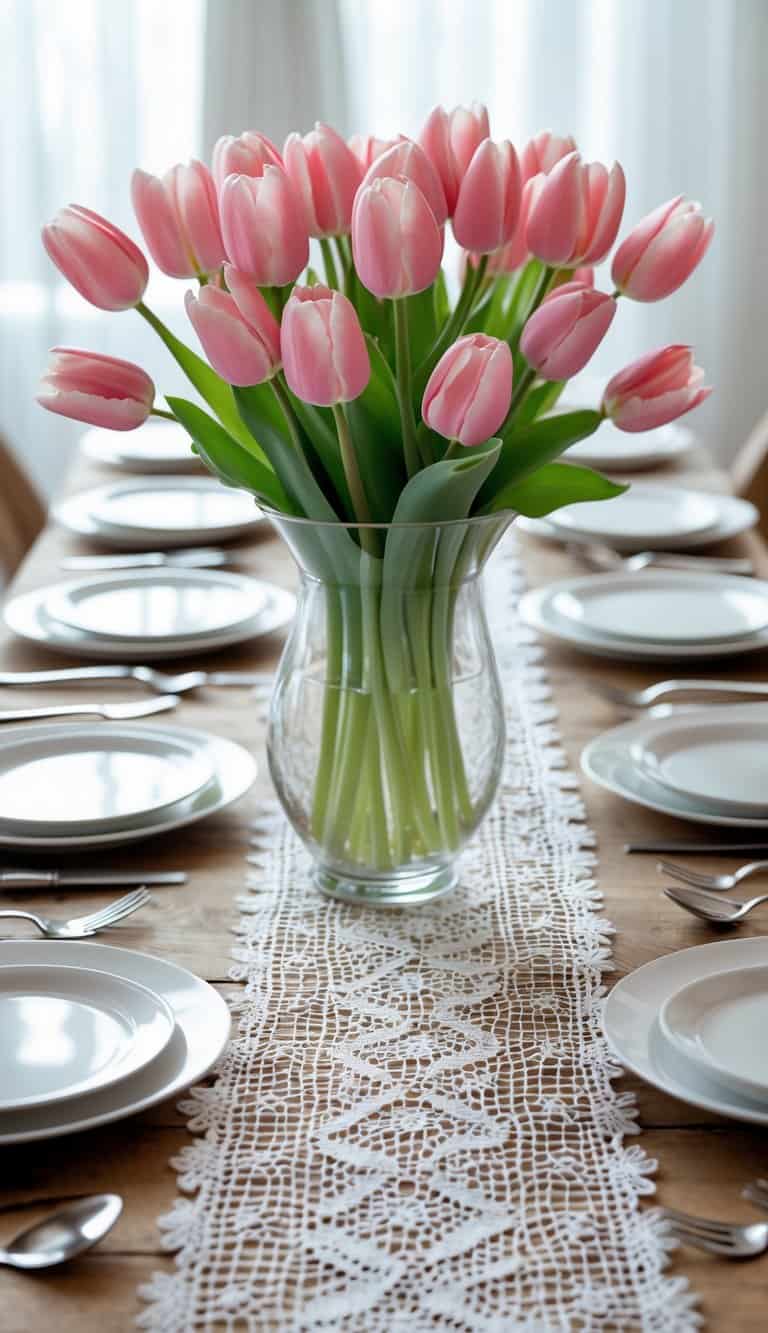 A table with a pink tulip centerpiece on a white lace table runner, set with white plates and silver cutlery.