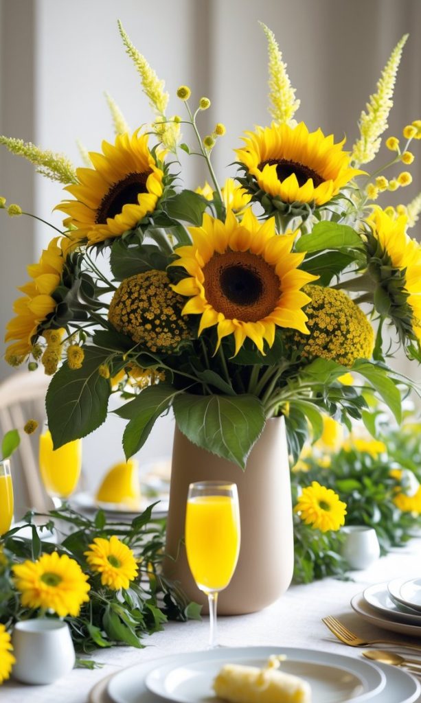 A vase of sunflowers and yellow flowers as a centerpiece on a dining table set with plates, glasses of orange juice, and additional yellow floral decorations.