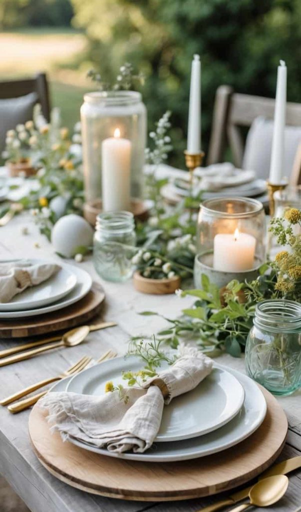 A rustic outdoor table setting with white plates, gold cutlery, linen napkins, candles, glass jars, and greenery as decoration.