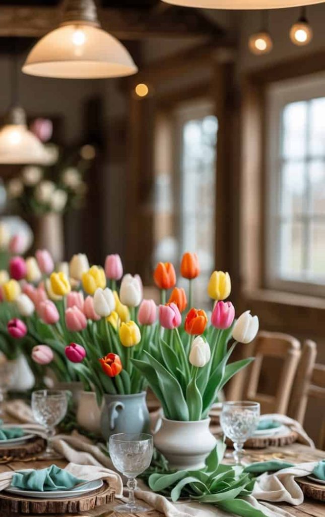 A rustic wooden table set with glassware, napkins, and wooden plates, decorated with vases of colorful tulips in a bright, sunlit room.