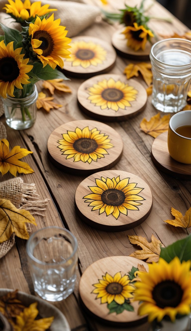 Wooden coasters with sunflower designs arranged on a wooden table surrounded by sunflowers and autumn decorations.