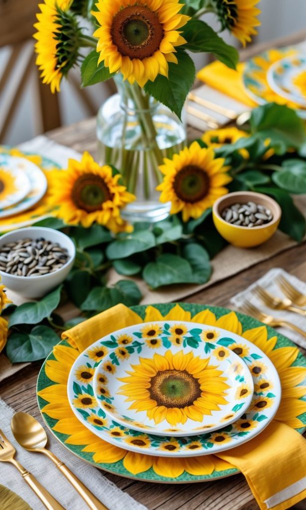 A wooden table set with sunflower-themed plates, yellow napkins, gold cutlery, bowls of sunflower seeds, and a vase of sunflowers as the centerpiece.