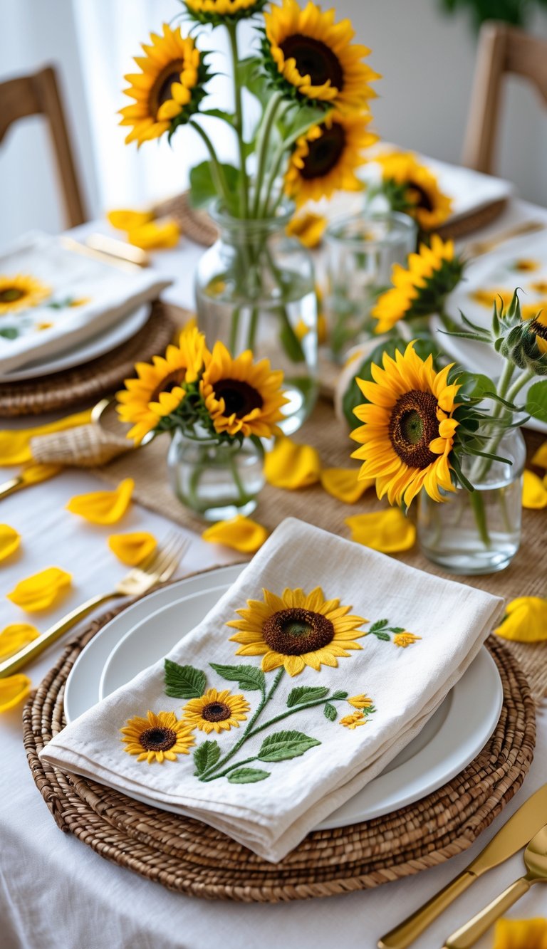 A table set with embroidered linen napkins featuring sunflower designs, surrounded by fresh sunflowers and tableware.