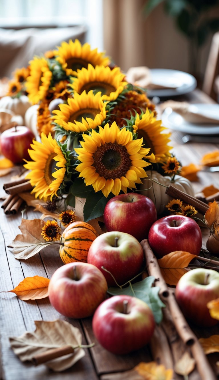 A fall tablescape with sunflowers and red apples arranged on a wooden table with autumn decorations.