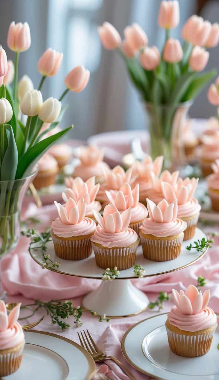 A table set with pastel pink tulip-shaped cupcakes arranged on platters, surrounded by soft pink linens and small tulip flowers.